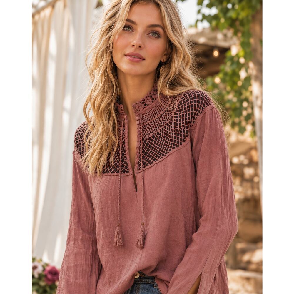 Free People Dusty Rose Crochet Lace Boho Peasant Top Large Festival Cottagecore
